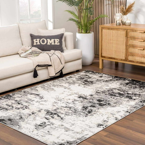 Hauteloom Briley Modern Abstract Area Rug - Contemporary Marble Print Rug for Living Room, Bedroom, Dining Room - Light Silver, Black and White - 5'3" x 7' (5x7 Area Rug)