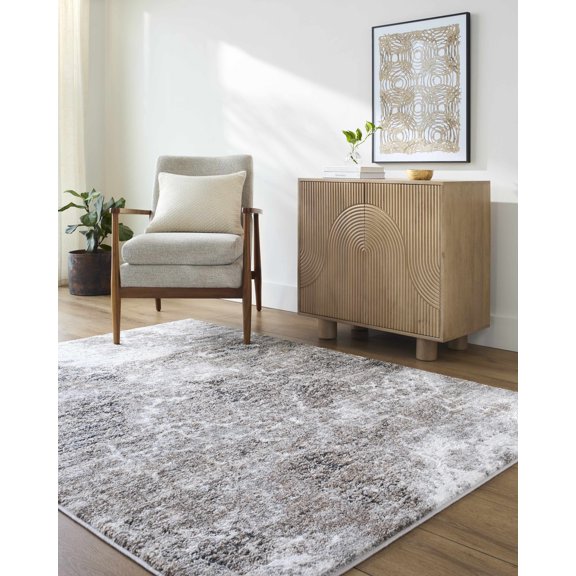 Hauteloom Kejut Living Room, Bedroom Area Rug - Abstract Distressed Marble - Contemporary Modern Transitional - High Pile - Brown, Gray, White - 2' x 2'11"