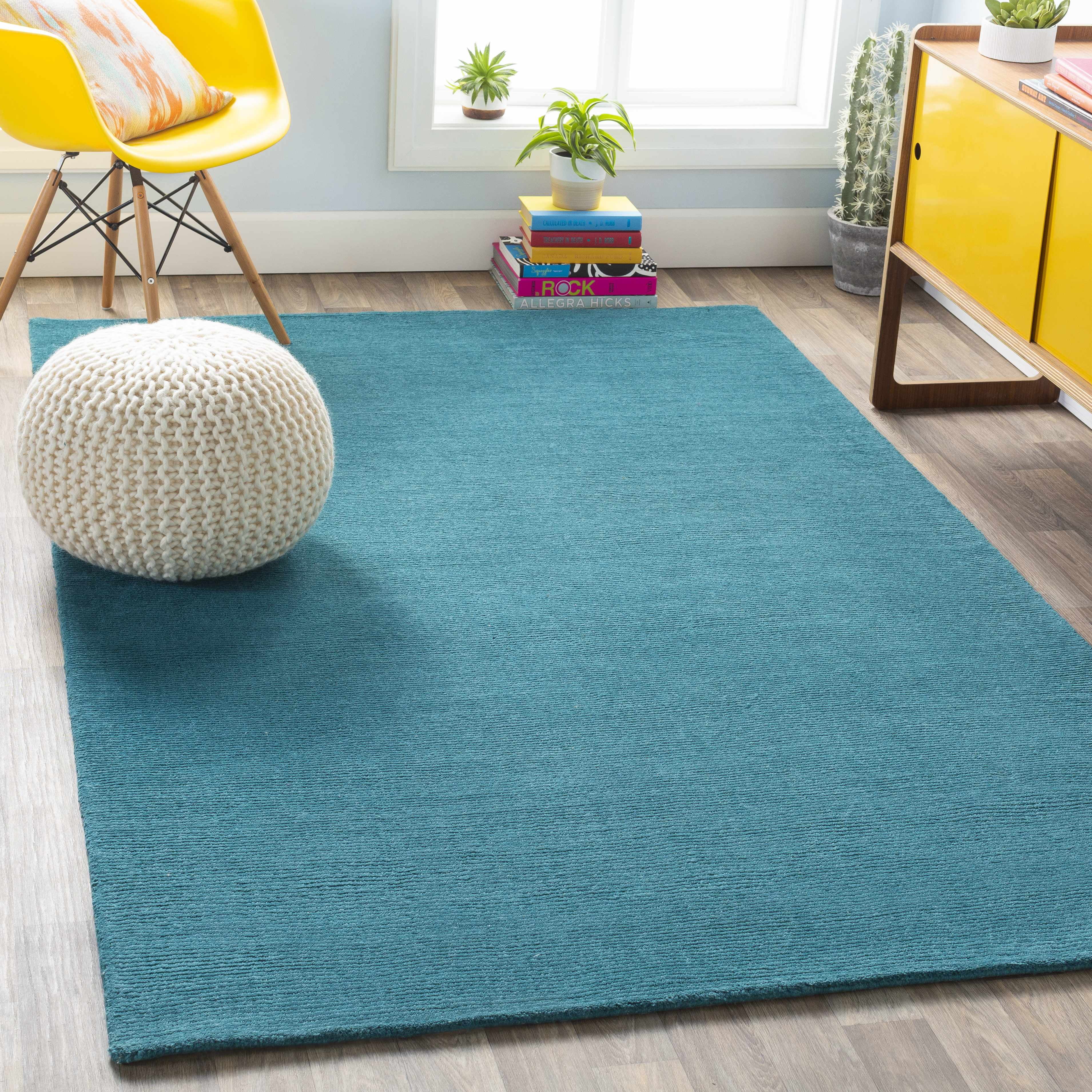 Teal Blue High Pile Wool Rectangle Area Rug 5' x 8'