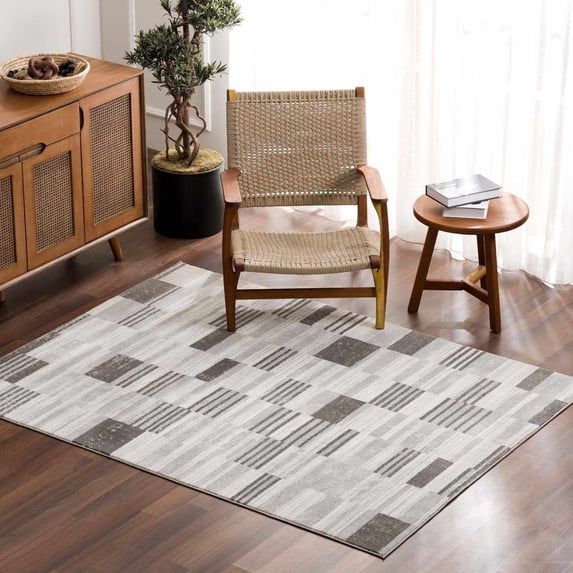Hauteloom Bronka Modern Broken Striped Area Rug - Contemporary Geometric Carpet for Living Room, Bedroom, Dining Room - Black and White, Gray - 6'7" x 9' (6x9 Rug)