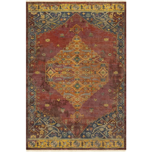 Hauteloom Brush Wool Living Room, Bedroom Area Rug - Traditional - Blue, Brick Red, Burgundy - 6' x 9'