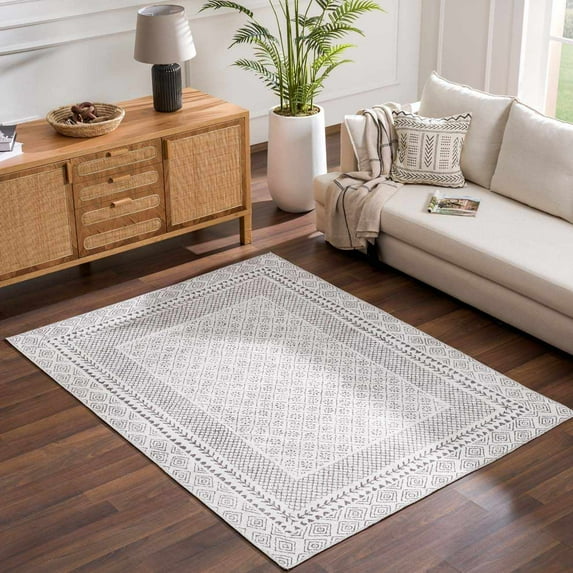 Hauteloom Burdette Machine Washable Boho Vintage Bordered Area Rug - Farmhouse Traditional Trellis Carpet for Living Room, Bedroom - Transitional - Gray, Cream, Charcoal - 5'3" x 7'3" (5x7)