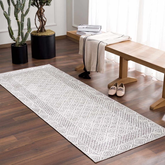 Hauteloom Burdette Machine Washable Boho Vintage Bordered Runner Rug - Farmhouse Traditional Trellis Carpet for Hallway, Kitchen - Transitional - Gray, Cream, Charcoal - 2'7" x 7'3"