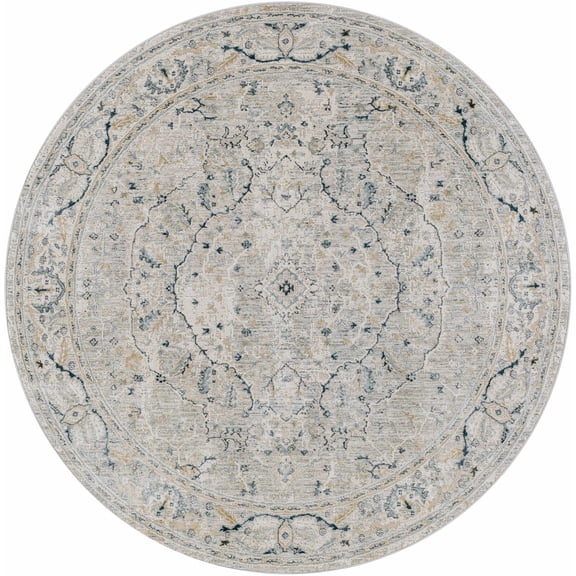Hauteloom Bushnell Living Room, Bedroom Area Rug - Traditional - Teal, Medium Gray, Beige - 6'7" Round