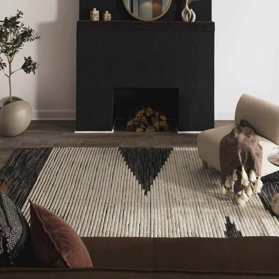 Hauteloom Bushwick Wool Living Room, Bedroom Area Rug - Bohemian, Transitional - Plush Pile - Black, Cream - 9' x 12'