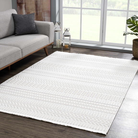 Hauteloom CIRA Living Room, Bedroom Area Rug - Traditional, Transitional - High Pile - White - 5'3" x 7'3"