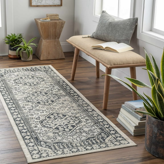 Hauteloom Cabacungan Traditional Medallion Hallway Entryway Kitchen Runner Rug - Machine Washable Distressed Carpet - Bohemian Oriental - Easy to Clean - Black, Cream, Grey - 2'7" x 7'3"