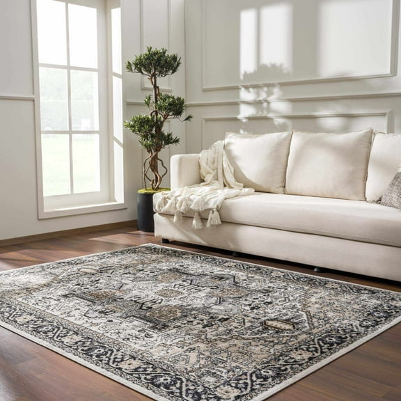 Hauteloom Cabacungan Living Room, Bedroom Machine Washable Area Rug - Traditional - Black, Taupe, Beige - 6'7" x 9'