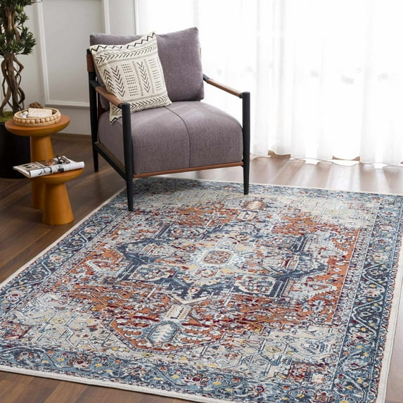 Hauteloom Cabacungan Traditional Medallion Living Room Bedroom Area Rug - Machine Washable Distressed Carpet - Bohemian Oriental - Easy to Clean - Blue, Terra Cotta, Cream - 9'3" x 12'