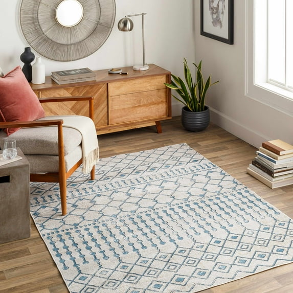 Hauteloom Cabognon Living Room, Bedroom Machine Washable Area Rug - Bohemian, Transitional - Blue, Teal, Beige - 9'2" x 12'