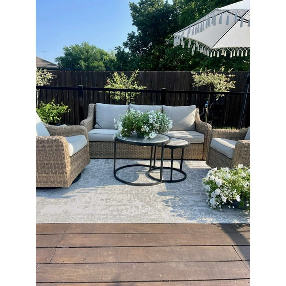 Hauteloom Canadian Outdoor Rug - Outsite Porch Patio Area Rug Carpet - Oriental Medallion Waterproof Rug - Gray, Beige, Cream - 12' x 15'