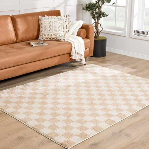 Hauteloom Canika Modern Checkered High Pile Area Rug - Contemporary Geometric Carpet for Living Room, Bedroom - Machine Washable Area Rug - Off-White, Beige - 6'7" x 9'