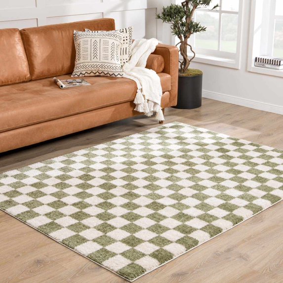 Hauteloom Canika Modern Checkered High Pile Area Rug - Contemporary Geometric Carpet for Living Room, Bedroom - Machine Washable Area Rug - Off-White, Dark Green - 6'7" x 9'