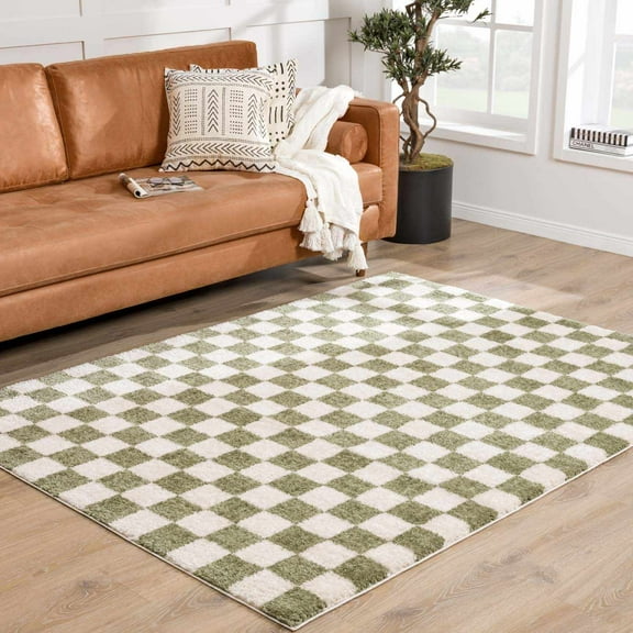 Hauteloom Canika Modern Checkered High Pile Area Rug - Contemporary Geometric Carpet for Living Room, Bedroom - Machine Washable Area Rug - Off-White, Dark Green - 7'10" x 10'