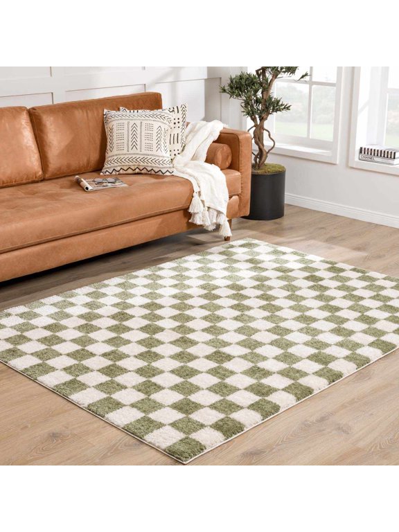Altair Modern Checkered High Pile Area Rug - Contemporary Geometric Carpet for Living Room, Bedroom - Machine Washable Area Rug - Off-White, Dark Green - 2' x 2'11"