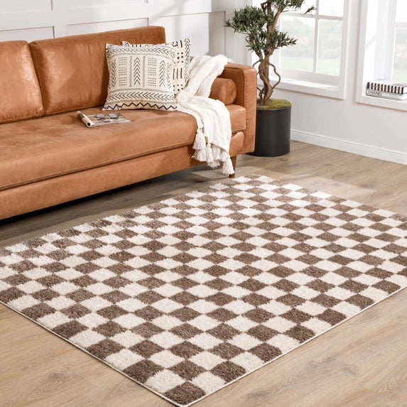 Hauteloom Canika Modern Checkered High Pile Area Rug - Contemporary Geometric Carpet for Living Room, Bedroom - Machine Washable Area Rug - Peach, Dark Brown - 2' x 2'11"