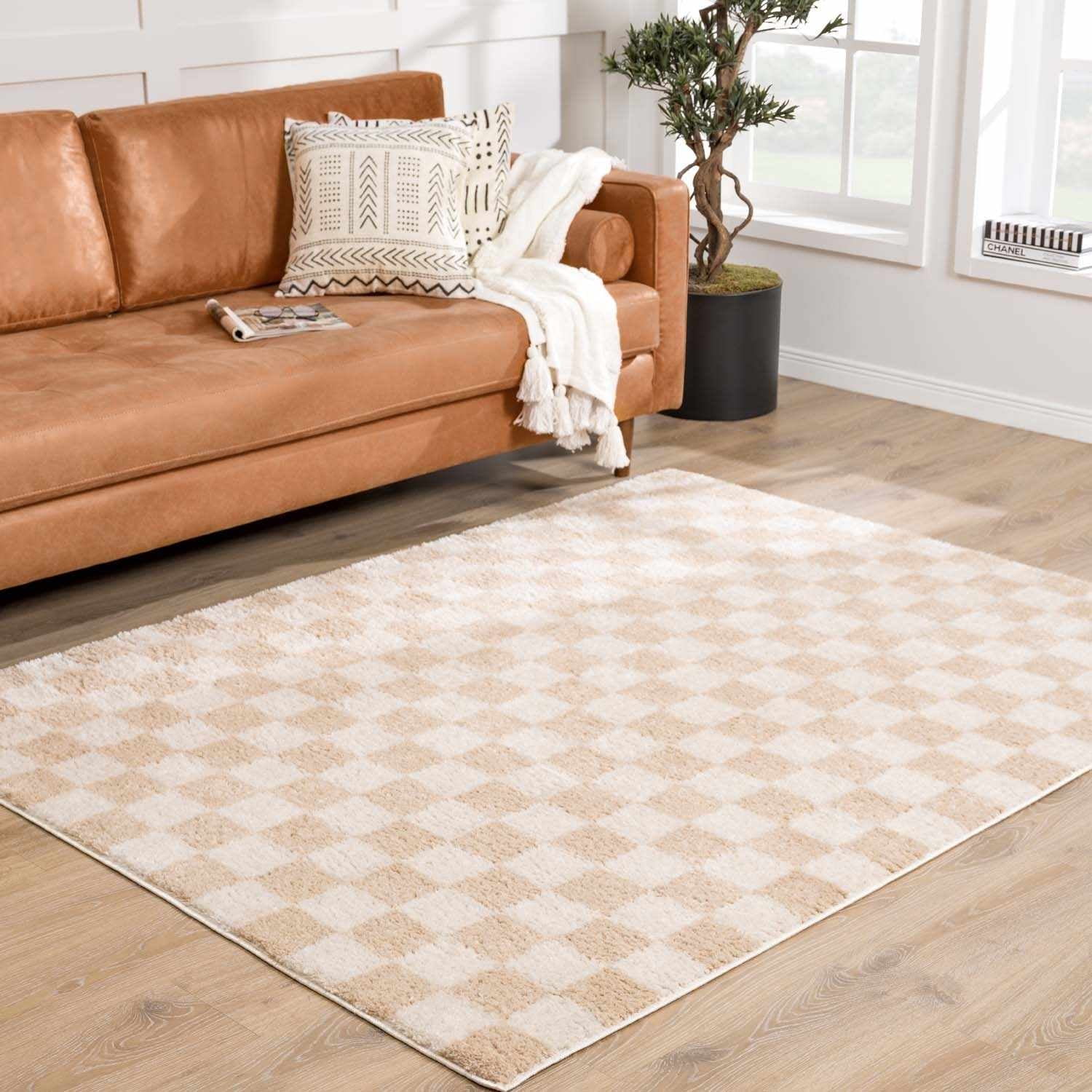 Peach and Beige Checkered High Pile Runner Rug