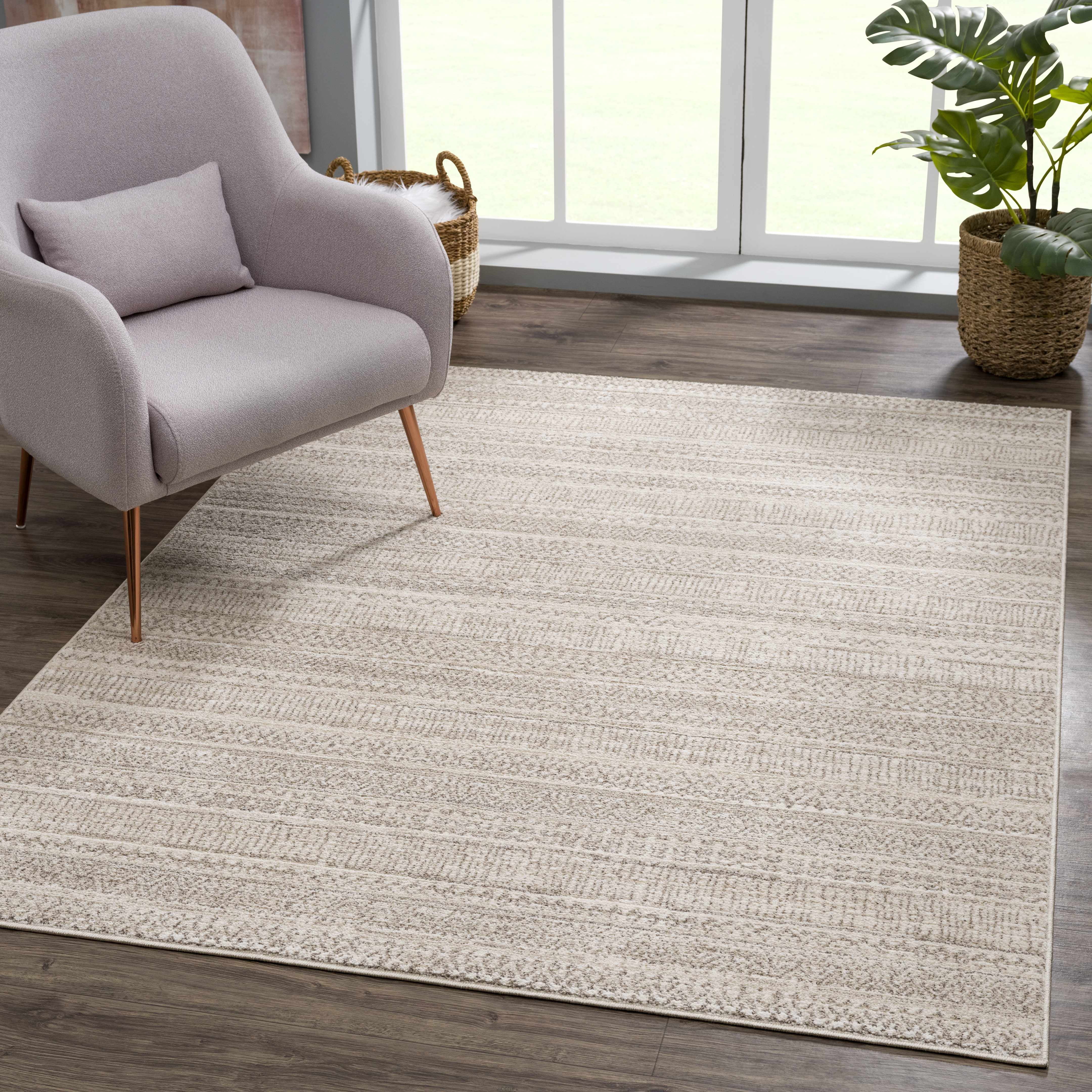 Ivory and Beige High Pile Polyester Rectangle Area Rug 5'3" x 7'