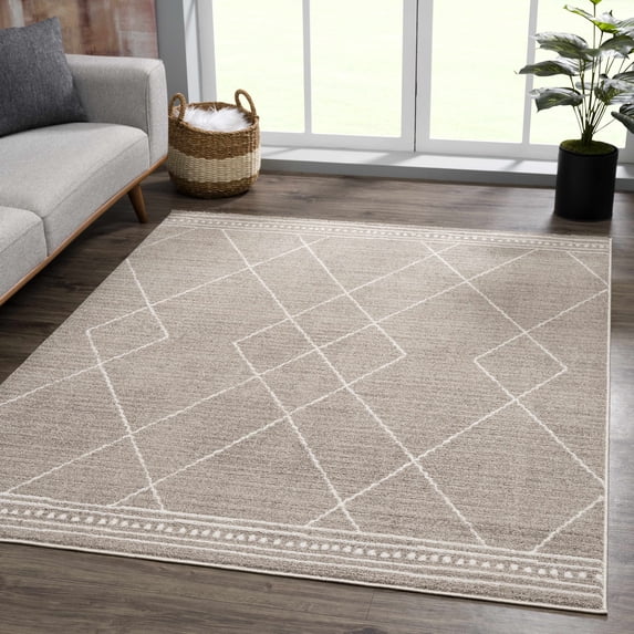 Hauteloom Casablanca Collection Living Room Bedroom Area Rug - Cozy Moroccan Farmhouse Carpet - Brown, White - 7'10" x 10'