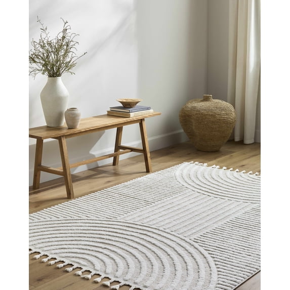 Hauteloom Cozumel Living Room, Bedroom Area Rug - Geometric Striped Circles - Contemporary Modern Minimalist - High Pile - Cream, Beige, White - 3'11" x 5'7"