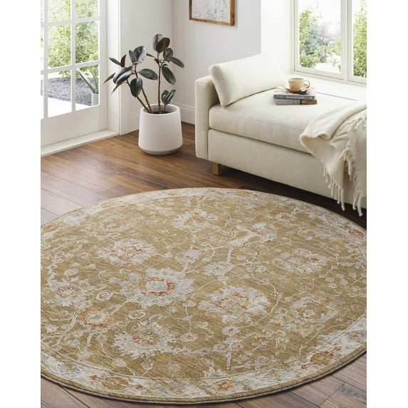 Hauteloom Castlegar Living Room, Bedroom Area Rug - Traditional - Rust, Denim, Olive - 5'3" Round