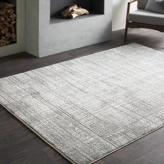 Hauteloom Cecug Living Room, Bedroom Area Rug - Abstract Distressed Border - Contemporary Modern Transitional - Gray, Silver, Charcoal - 6'7" x 9'6"