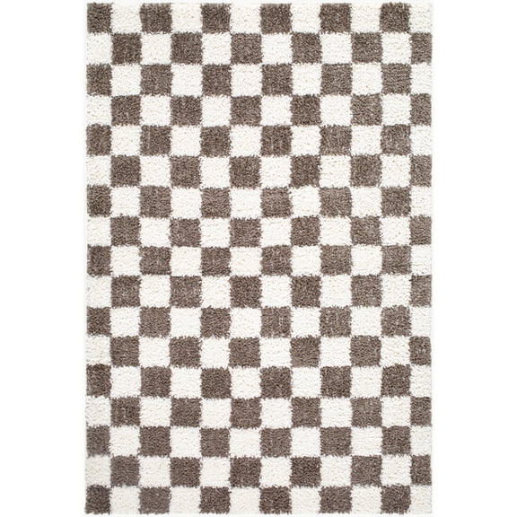 Hauteloom Chack Hallway, Kitchen Runner Rug - Square Tile Checkered - Shaggy Plush Pile - Brown, White - 2'7" x 7'3"