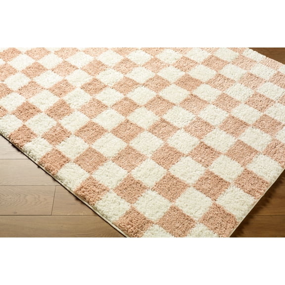 Hauteloom Chack Hallway, Kitchen Runner Rug - Square Tile Checkered - Shaggy Plush Pile - Cream, Peach Orange, Ivory - 2'7" x 7'3"