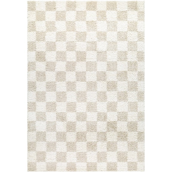 Hauteloom Chack Hallway, Kitchen Runner Rug - Square Tile Checkered - Shaggy Plush Pile - Light Beige, Ivory, Off White - 2'7" x 7'3"