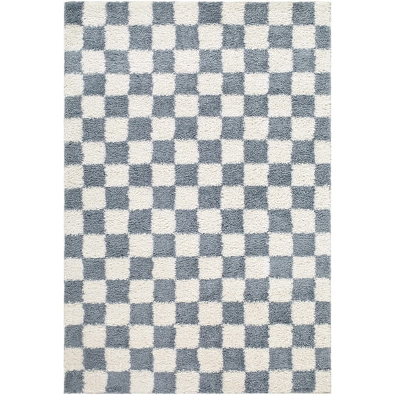 Hauteloom Chack Hallway, Kitchen Runner Rug - Square Tile Checkered - Shaggy Plush Pile - Slate Blue, Gray, White - 2'7" x 7'3"