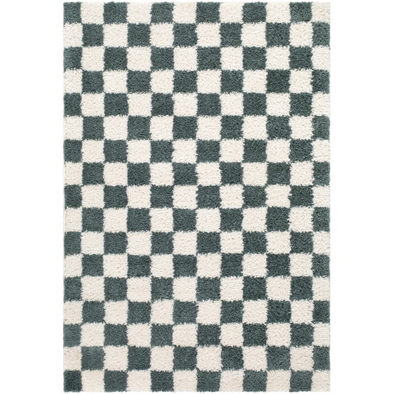 Hauteloom Chack Hallway, Kitchen Runner Rug - Square Tile Checkered - Shaggy Plush Pile - Teal Green, White, Off White - 2'7" x 7'3"