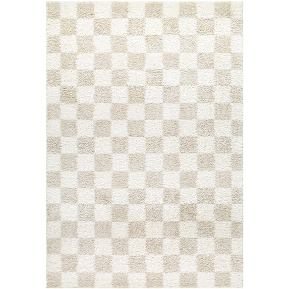 Hauteloom Chack Living Room, Bedroom Area Rug - Square Tile Checkered - Shaggy Plush Pile - Light Beige, Ivory, Off White - 5'3" x 7'