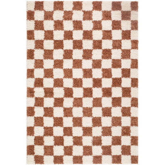 Hauteloom Chack Living Room, Bedroom Area Rug - Square Tile Checkered - Shaggy Plush Pile - Orange, White, Cream - 7'10" x 10'