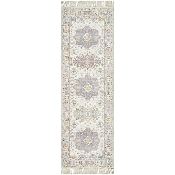 Hauteloom Chaela Bohemian Hand Loomed Vintage Medallion Runner Rug - Oriental Fade Look Traditional Floral Carpet for Hallway, Kitchen - Tasseled - Ivory, Lavender, Mustard - 2'6" x 8'
