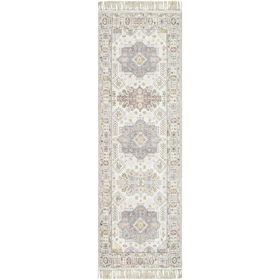 Hauteloom Chaela Bohemian Hand Loomed Vintage Medallion Runner Rug - Oriental Fade Look Traditional Floral Carpet for Hallway, Kitchen - Tasseled - Ivory, Lavender, Mustard - 2'6" x 8'