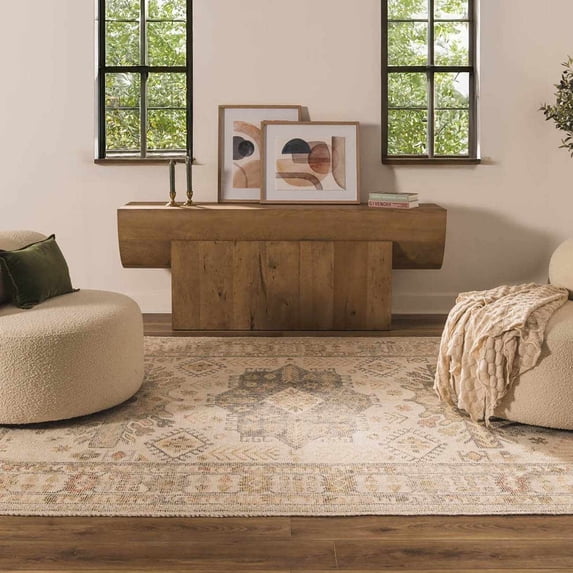 Hauteloom Chaela Bohemian Hand Loomed Vintage Medallion Area Rug - Oriental Fade Look Traditional Floral Carpet for Living Room, Bedroom, Dining Room - Tasseled - Ivory, Slate Blue, Olive - 5' x 7'