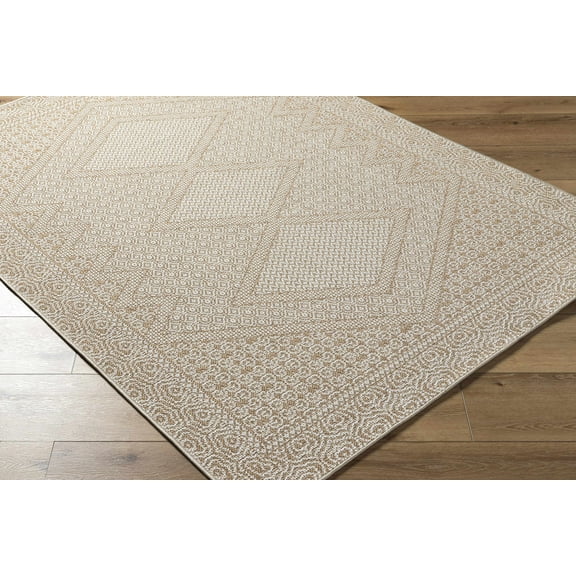 Hauteloom Chaman Living Room, Bedroom Patio Outdoor Area Rug - Traditional, Transitional - White, Tan - 7'10" Square