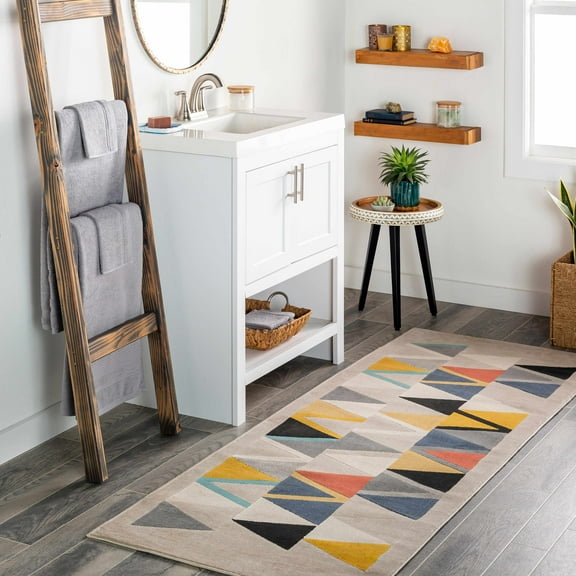 Hauteloom Champlin Hallway, Kitchen Runner Rug - Modern Geometric Triangle Colorful Abstract Carpet - Black, Gray, Brown, Red - 2'7" x 7'3"