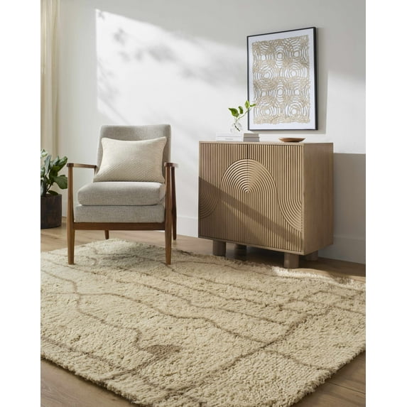 Hauteloom Chesna Boho Hand Tufted Natural Fiber Wool Shag Area Rug - Modern Geometric Abstract Carpet for Living Room, Bedroom, Dining Room - High Pile - Beige, Taupe, Sandstone - 2' x 3'