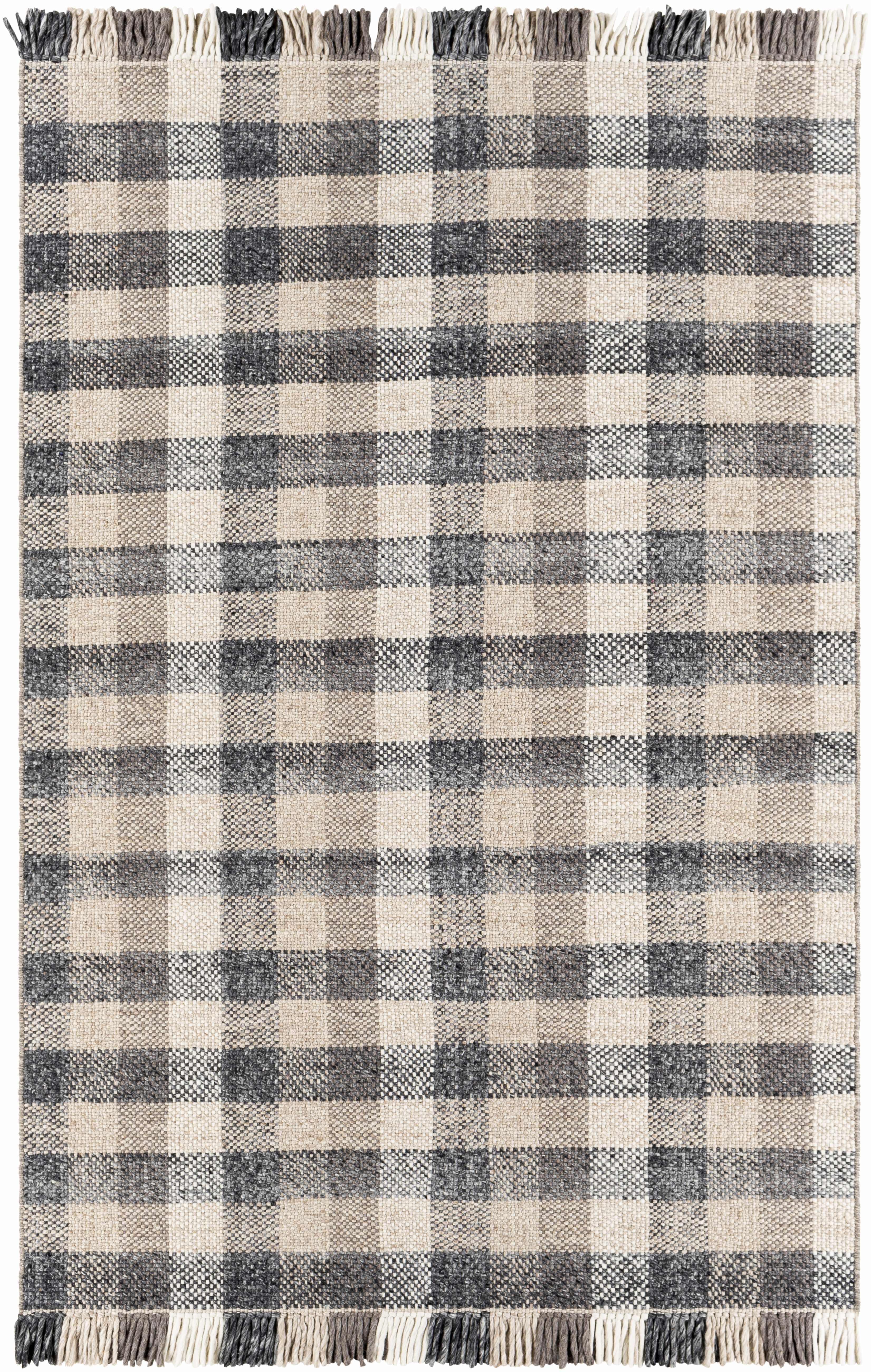 Handmade Gray and Beige Wool Plaid 5' x 7' Rug