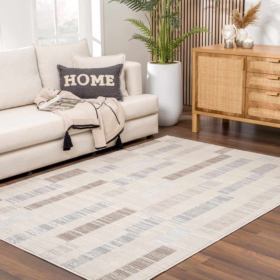 Hauteloom Chouko Broken Striped Area Rug - Modern Geometric Carpet for Living Room, Bedroom Area Rug - Contemporary - Silver Gray, Metallic Silver, Light Brown - 7'10" x 10' (8x10 Area Rug)