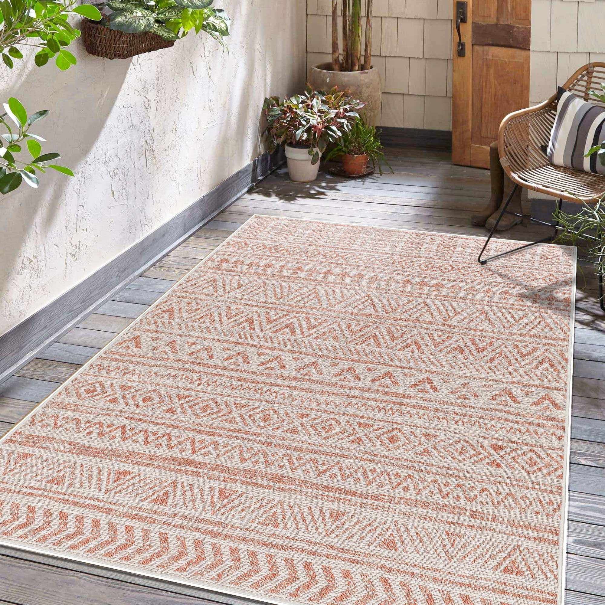 Hauteloom Chuck Living Room, Bedroom Patio Outdoor Area Rug - Beige, Orange, Pink - 6'7"-Round