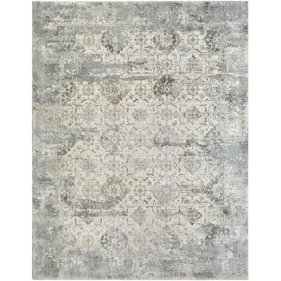 Hauteloom Njema Area Rug - Distressed Floral Medallion Border Faded - Traditional Oriental Transitional Vintage Contemporary - Light Gray, Charcoal, Cream, Gray, Beige - 9' x 12'2"