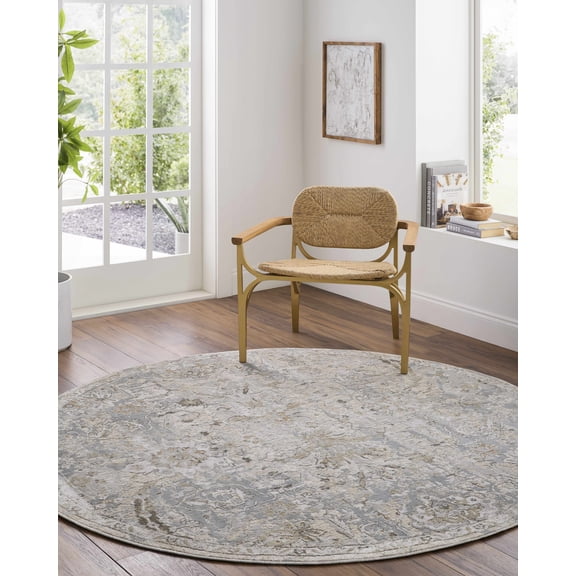 Hauteloom Nasir Living Room, Bedroom Area Rug - Traditional - Light Gray, Medium Brown, Cream - 7'10" Round