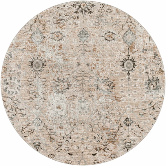 Hauteloom Claydon Moroccan Farmhouse Living Room Bedroom Dining Room Round Area Rug with Tassles - Bohemian Neutral Style - Traditional, Oriental, Turkish - Beige, Brown, Cream - 5'3" Round