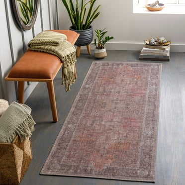 Hauteloom Clondalkin Hallway, Kitchen Machine Washable Runner Rug - Traditional - Red, Light Brown, Charcoal - 2'7" x 10'