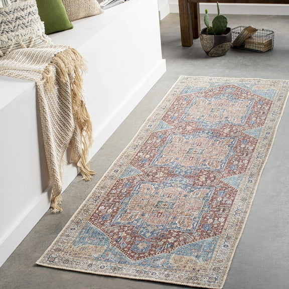 Hauteloom Como Hallway, Kitchen Machine Washable Runner Rug - Traditional - Blue, Brick Red, Peach - 2'7" x 10'