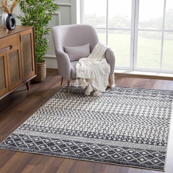 Hauteloom Constantinople 6' 7" x 9' Moroccan Bohemian Pattern - Farmhouse Area Rug - Rectangle - Polypropylene - Black, Light Gray, Medium Gray, White