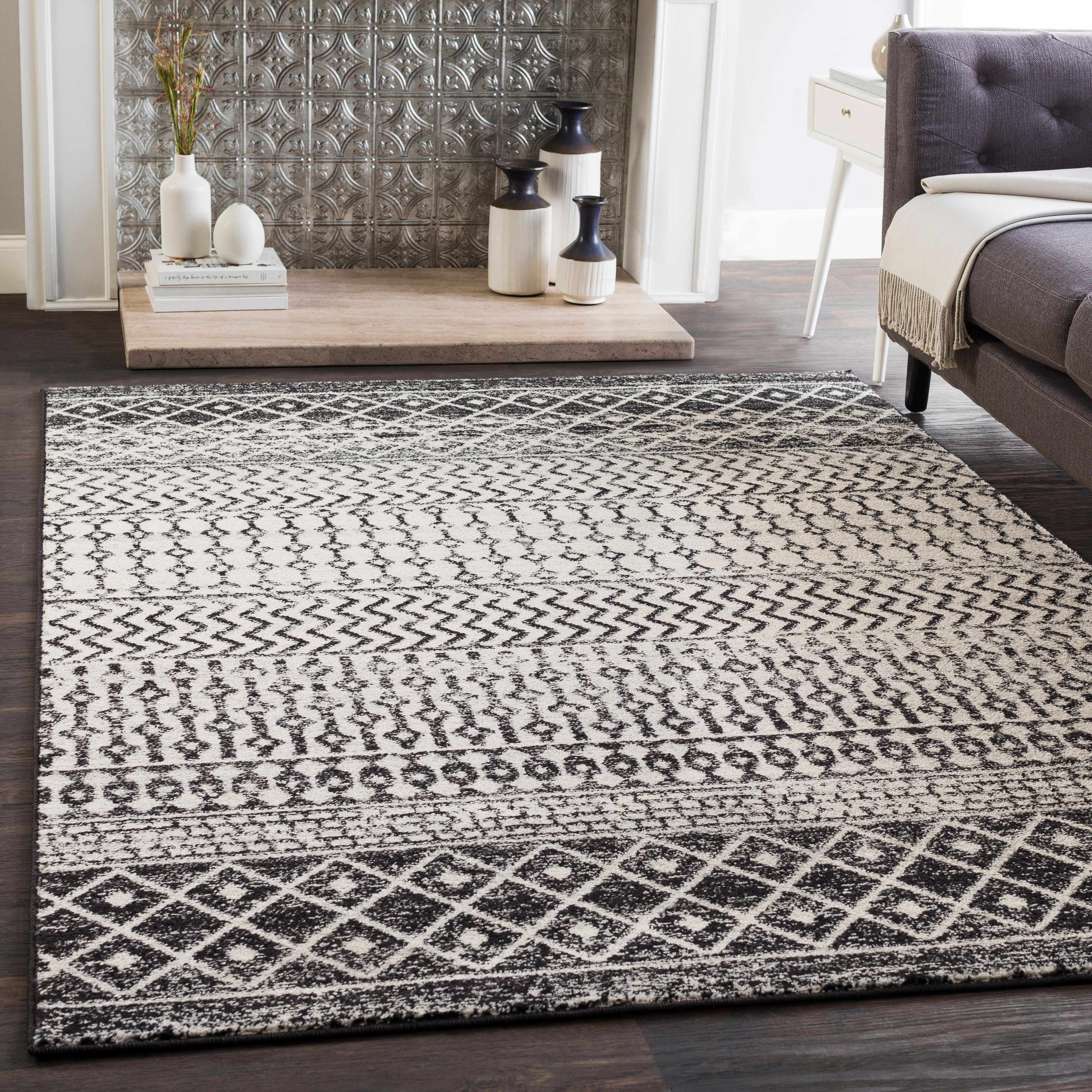 Constantin Black and Gray Bohemian Polypropylene Area Rug 6'7" x 9'