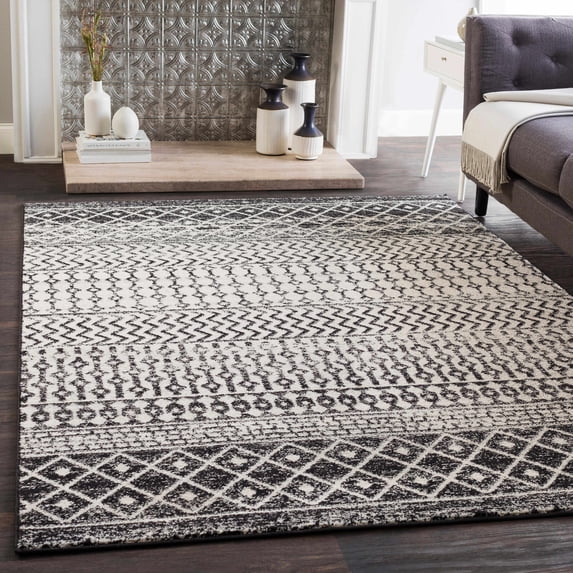 Hauteloom Constantinople 7'10" x 11' Moroccan Bohemian Pattern - Farmhouse Area Rug - Rectangle - Polypropylene - Black, Light Gray, Medium Gray, White